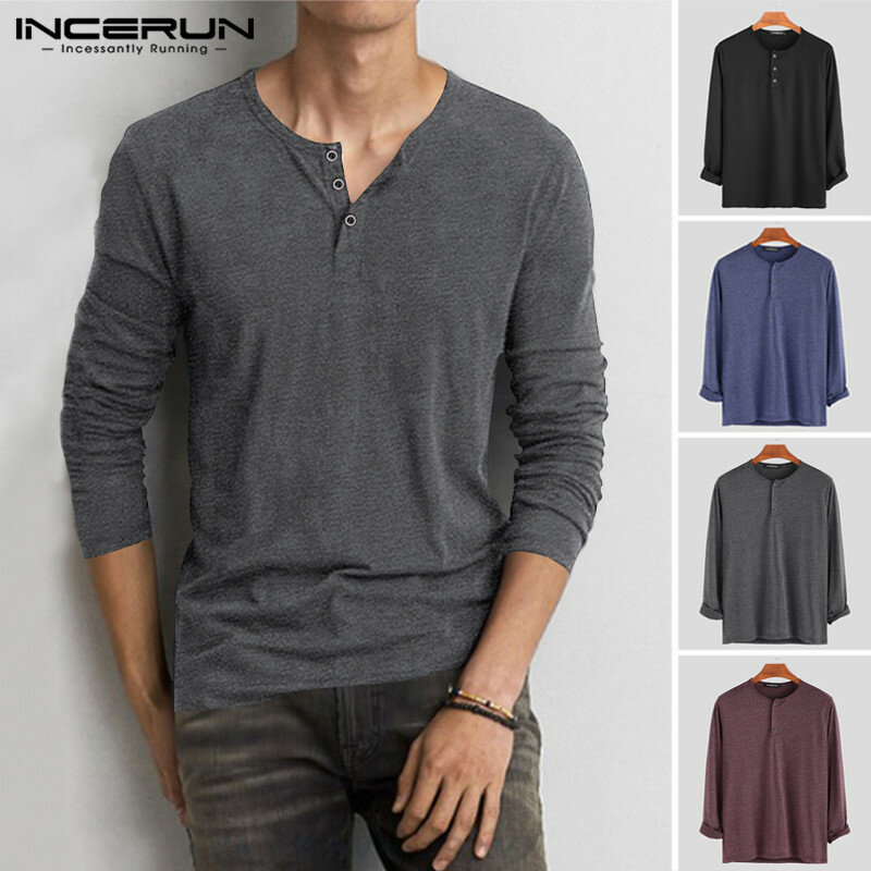 INCERUN-Camiseta de manga larga de algodón para Hombre, camisa básica informal con botones de Color sólido, cuello redondo, 2023