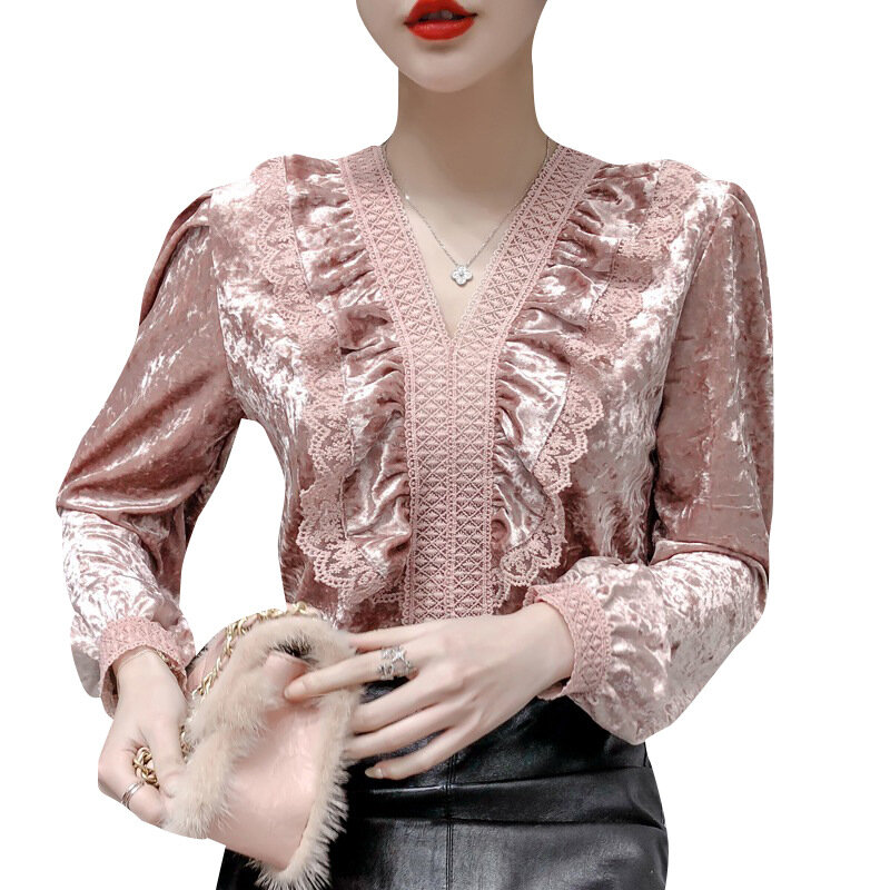 Blusa con cuello en V para mujer, camisa de terciopelo con borde de encaje, Top de manga farol a la moda para Otoño/Invierno, 2020