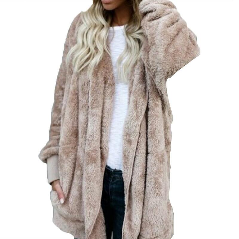 80% HOT sprzedaży!!!Winter Casual Women jednolity kolor gruby Faux futro z kapturem płaszcz z długim rękawem znosić
