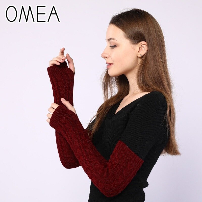Женские трикотажные перчатки OMEA, однотонные теплые нарукавники с рукавом до локтя и плетеным узором, на весну