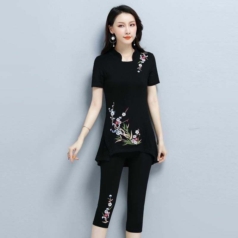 Conjunto de duas peças feminino estilo chinês retrô, camiseta bordada com manga curta e verão