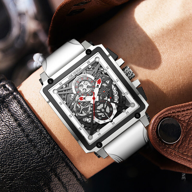 2023 LIGE Men's Sports Chronograph Wrist Watch For Men Army Silicone strap Square Quartz Stop Watch Clock Man Relogios Masculino