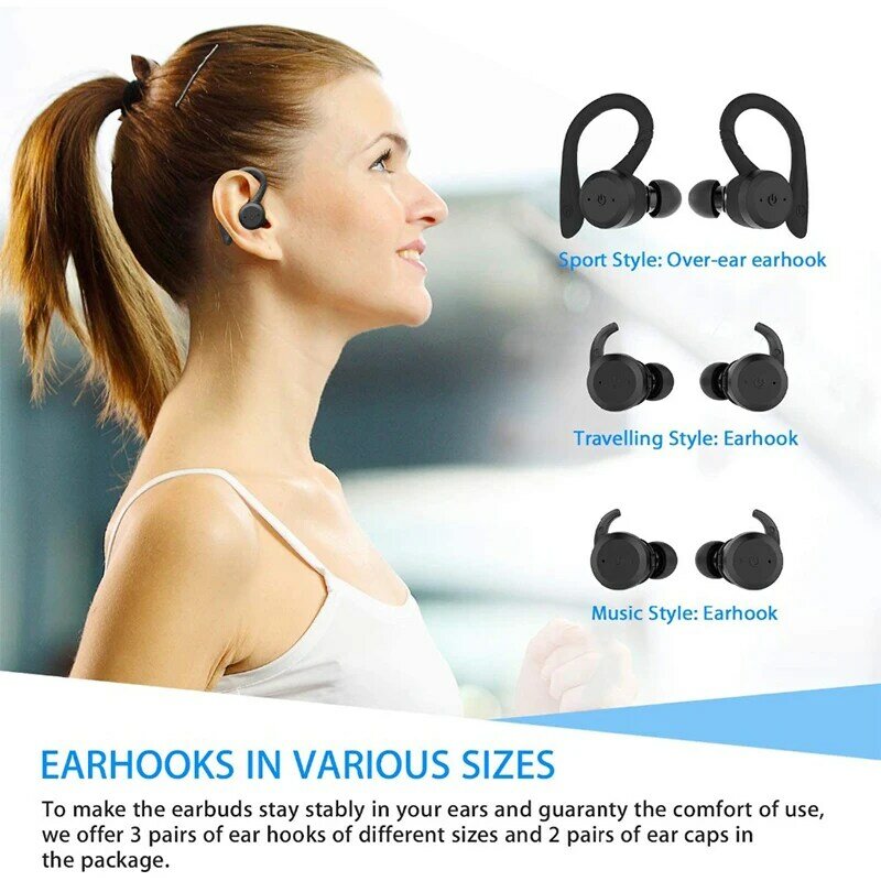 Fone de ouvido Bluetooth sem fio impermeável, Dual Wear Estilo Esporte Headset, Stereo Earbuds, 20 Horas de Jogo, TWS Ipx7