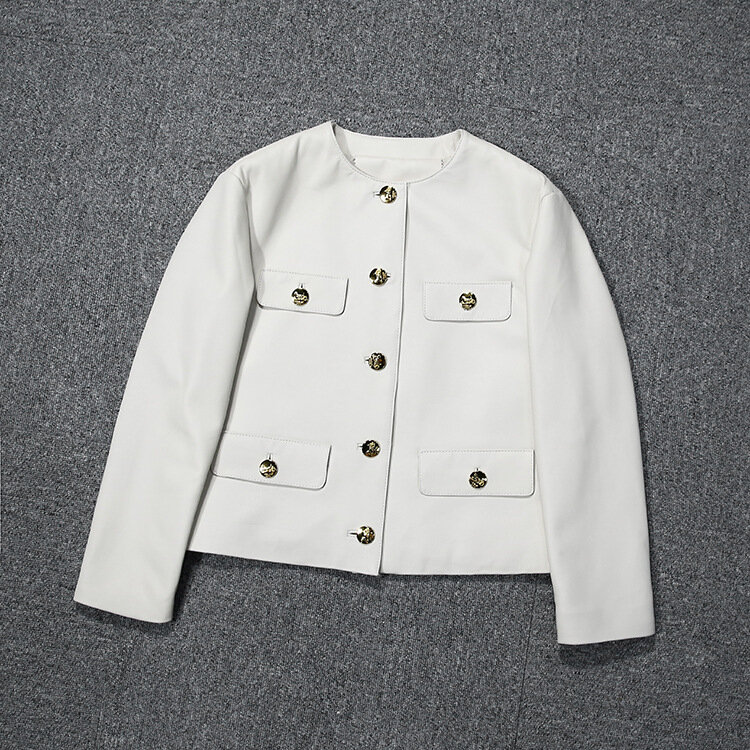 Женская демисезонная куртка из натуральной кожи с круглым вырезом C877