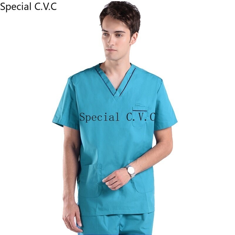 Men's Scrubs Top Pure Cotton Doctor Clothing Classic V-neck Nursing Uniform Short Sleeve Shirt with Side Vent ( Just A Top)