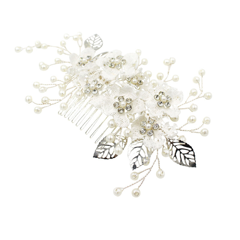 O380 pente de cabelo de noiva artesanal, renda floral, com folhas vazadas, strass, cristal, pente de cabelo floral com pérola para casamento