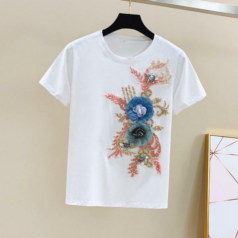 Женский комплект из 2 предметов, летняя футболка с вышивкой бисером, 3D Цветочная вышивка, с коротким рукавом и джинсы, повседневный костюм Y79