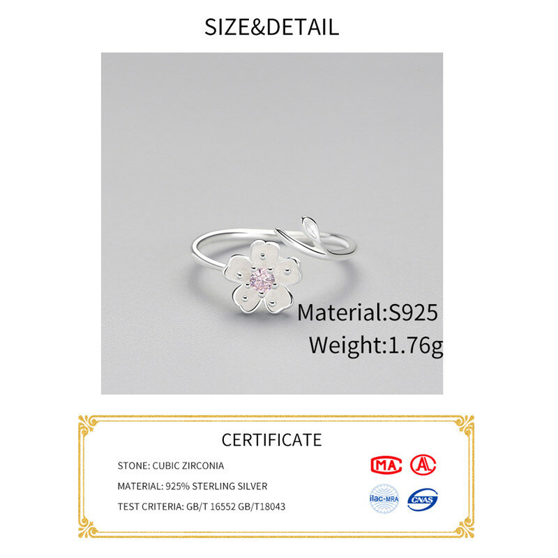 Real 925 Sterling Silver Zircon เคลือบพลัมดอกไม้ปรับแหวนเครื่องประดับสำหรับผู้หญิงโรแมนติก Bijoux