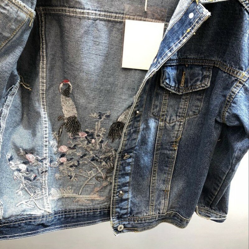 Veste en jean à manches longues pour femme, veste en Denim effilochée avec des fleurs brodées, coupe ample, mode Harajuku, nouvelle collection
