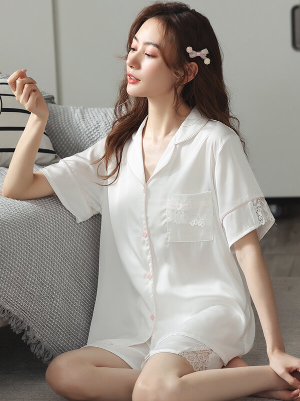 Pajama Shorts Sets Summer White Satin Pyjama Femme  PJ Home Clothes Satin Sleepwear Women Fashion Ice-Silk Satin Pijama Mujer
