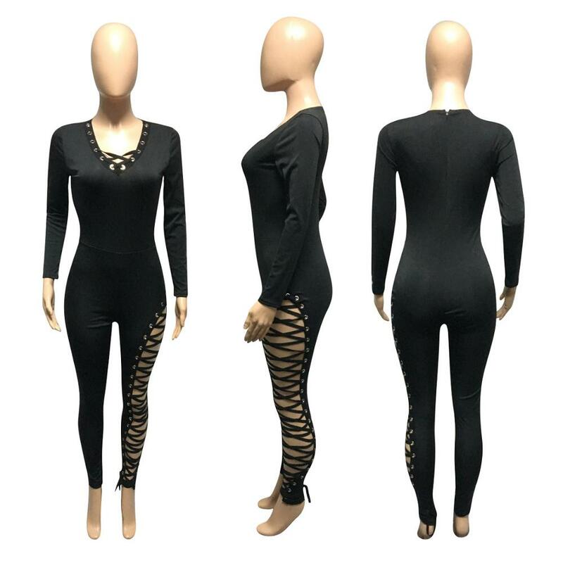 BKLD женская одежда 2020, Осенние новые сексуальные комбинезоны, женский комбинезон с длинным рукавом и V-образным вырезом, бандажные ажурные облегающие черные комбинезоны