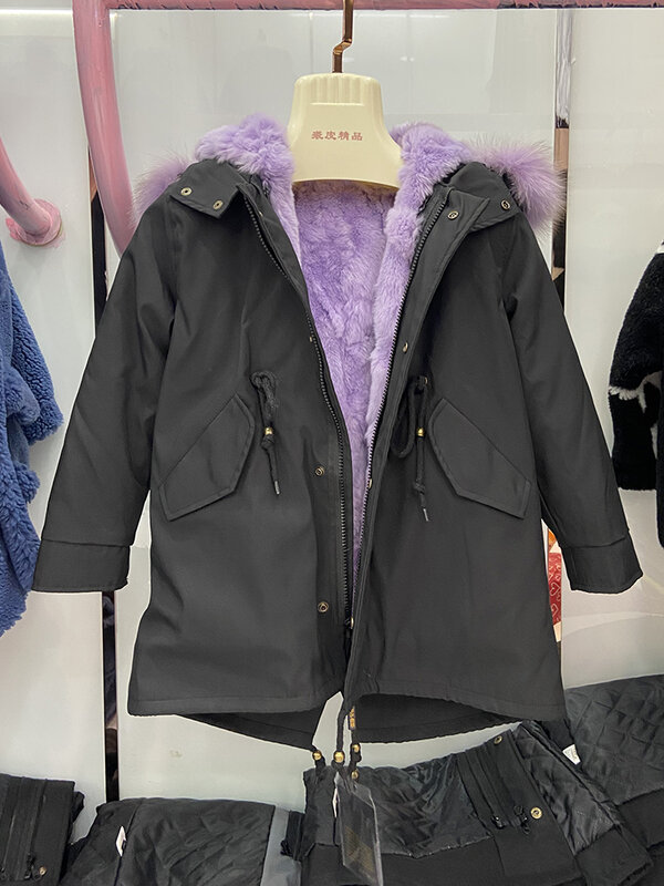 Mantel Bulu Asli Anak-anak Musim Dingin Parka Rex Mudah Dilepas Bulu Kelinci Liner Bulu Rakun Kerah Bulu Rubah Pakaian Luar Hangat Tebal Anak Perempuan Laki-laki