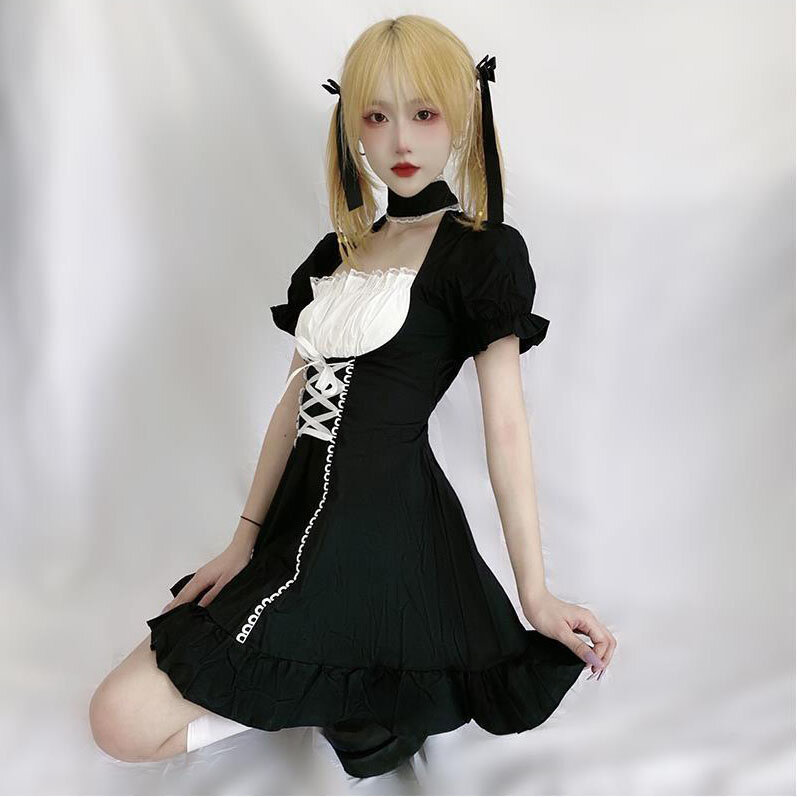 Disfraz de Lolita Kawaii para mujer, vestido de Lolita negro, de tul, para Halloween