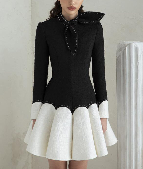 Kleermaker Little Black Dress Zwart Wit Puffy Vrouwelijke Licht Luxe Jurk Semi-Formele Jurken Prinses Jurk Zwart Wit jurk