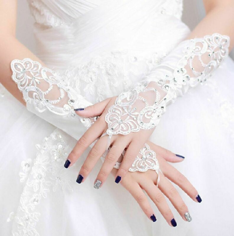 Renda Pernikahan Pengantin SATIN Berlian Imitasi Kristal Sarung Tangan Panjang