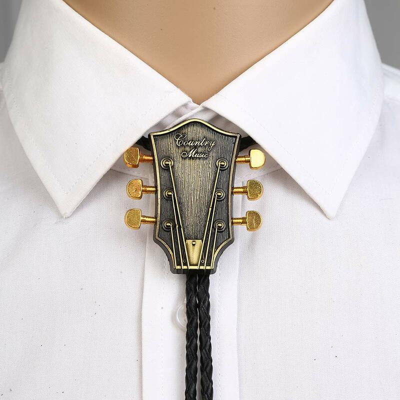 Têtes de guitare musicale couleur cuivre et argent, cravate bolo pour homme, cowboy occidental, cravate en alliage de zinc