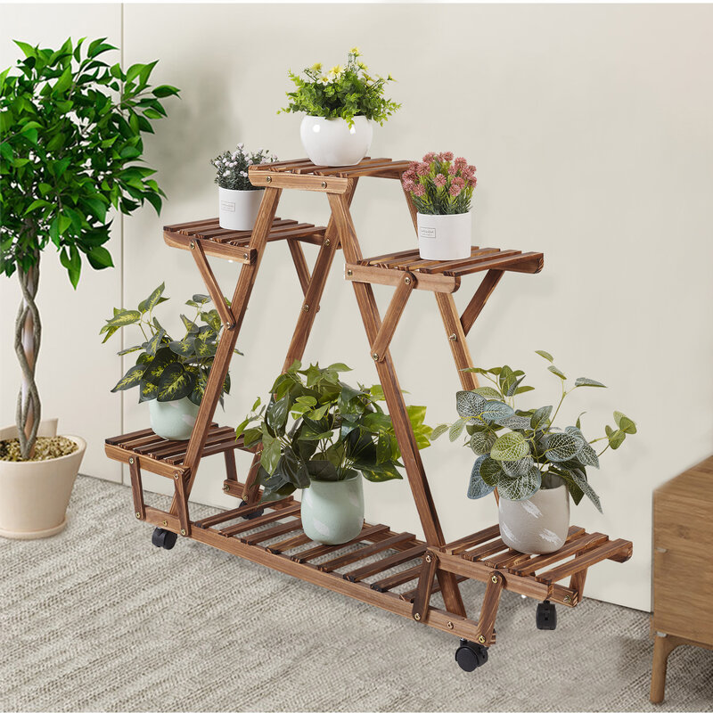 Треугольная полка для растений, подставка для цветочных горшков из углеродного дерева, 6 горшков, стеллаж для хранения растений с колесами для сада