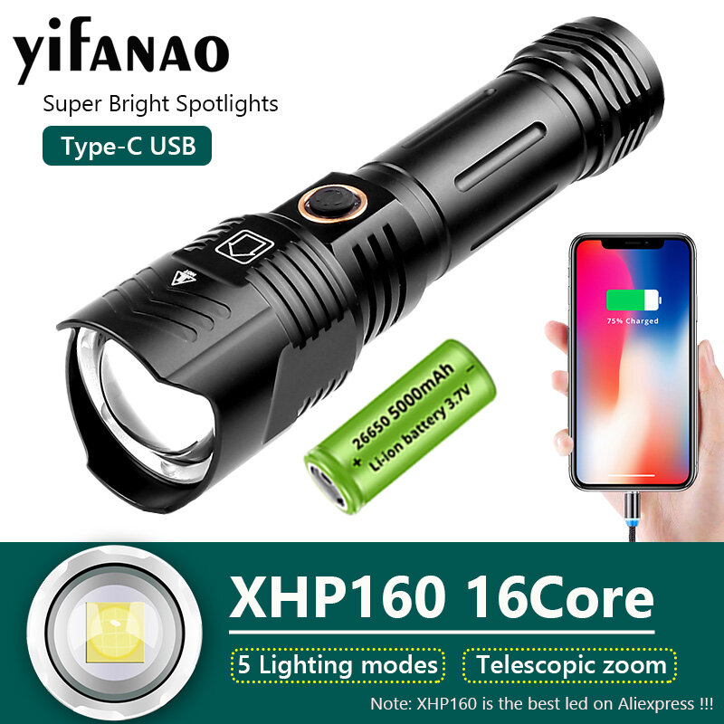 LED懐中電灯xhp160,USB充電式ズーム,16コア,防水,戦術的なフラッシュライト,ipx6,26650/18650
