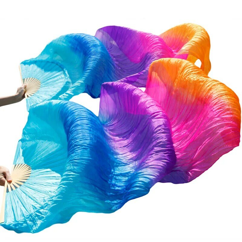 Véu de seda artesanal para dança do ventre, ventilador tingido, imitação de seda, alta qualidade, 100% seda real, 1 par