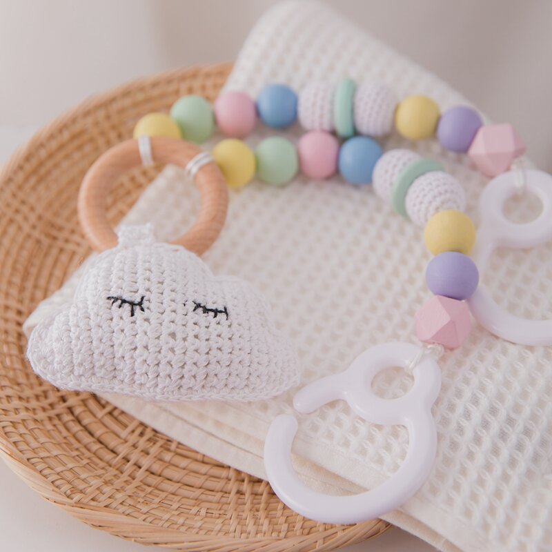 Hochet en bois avec perles de silicone pour bébé, jouet mobile avec attache-sucette, TeWindsor