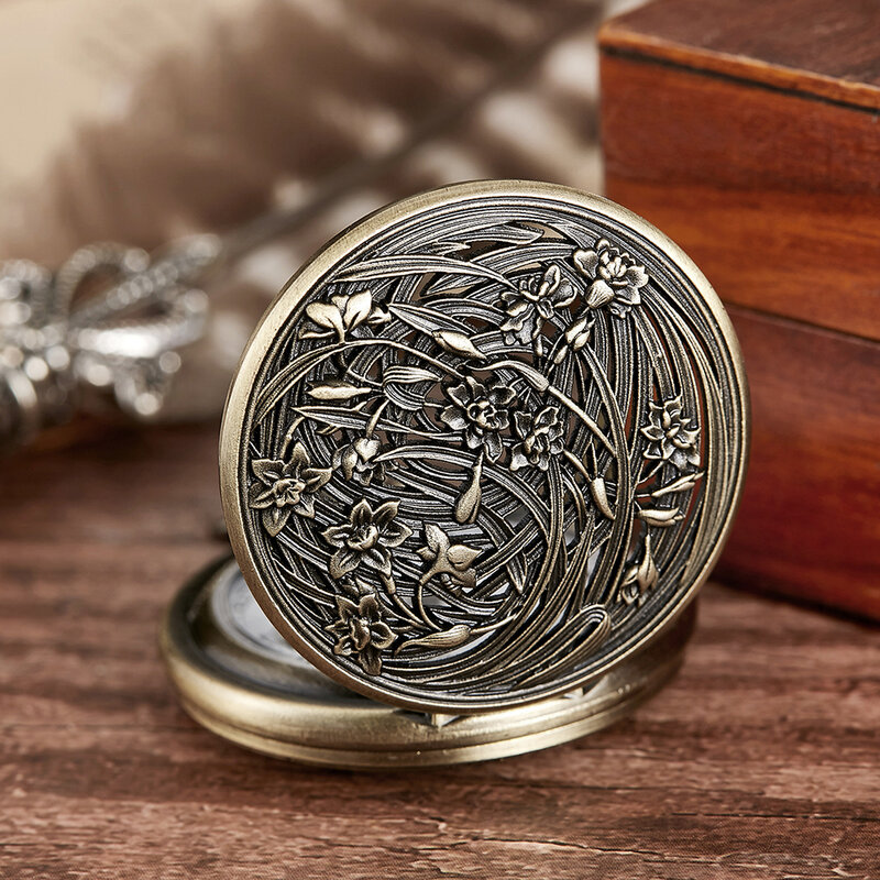 Vintage Steampunk Flower Hollow Bronze Quartz Pocket Watch Fob Chain Hand Wind collana orologio uomo donna regali