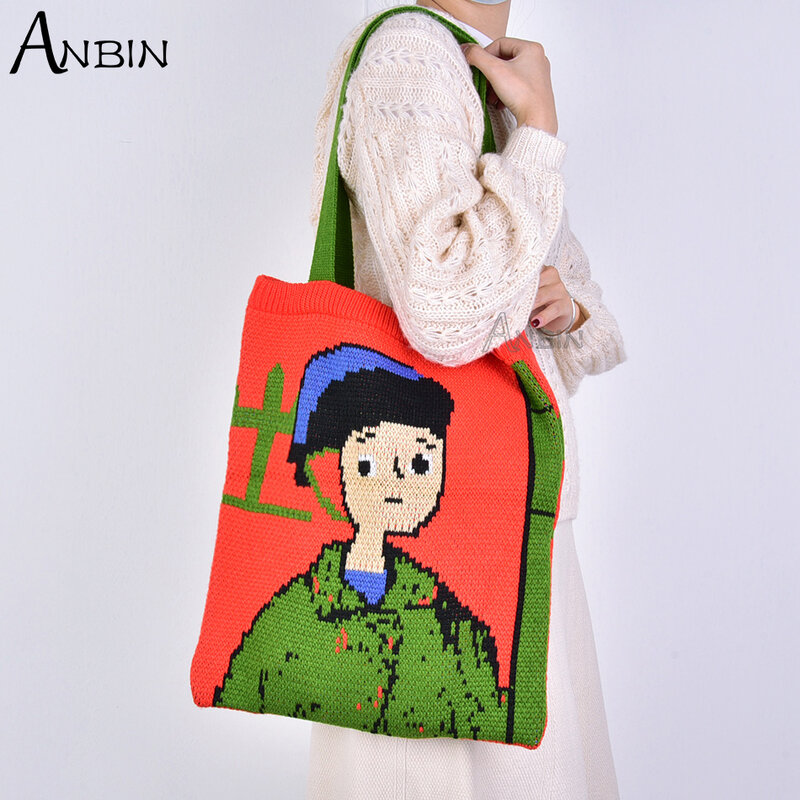 Bolso de compras de lana de punto para mujer, bolsa grande reutilizable con estampado de dibujos animados, de algodón, a la moda