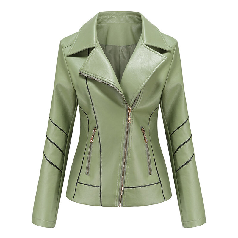 Abrigo corto con cuello vuelto para mujer, chaqueta ajustada de cuero PU, con cremallera para motocicleta, a la moda, primavera y otoño