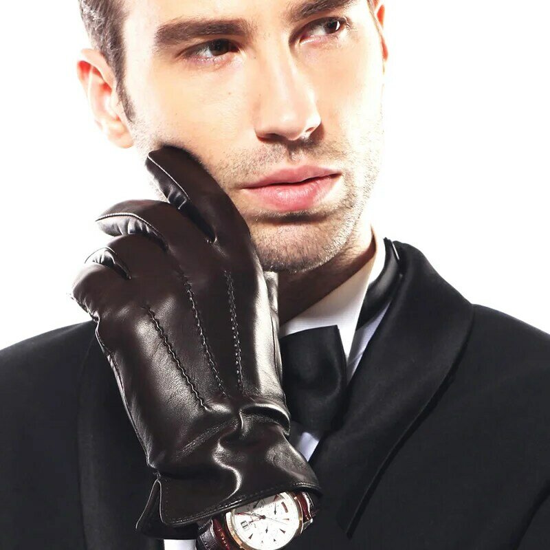 Prawdziwe skórzane rękawiczki męskie jesienne zimowe termiczne pluszowe podszyte prawdziwej skóry owczej męskie rękawiczki do jazdy ekran dotykowy EM011NC3