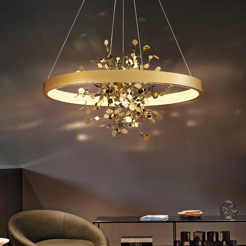 Kobuc moderno ouro aço inoxidável lustre de teto sala jantar cobre anel redondo pingente luzes para o quarto loja pano café