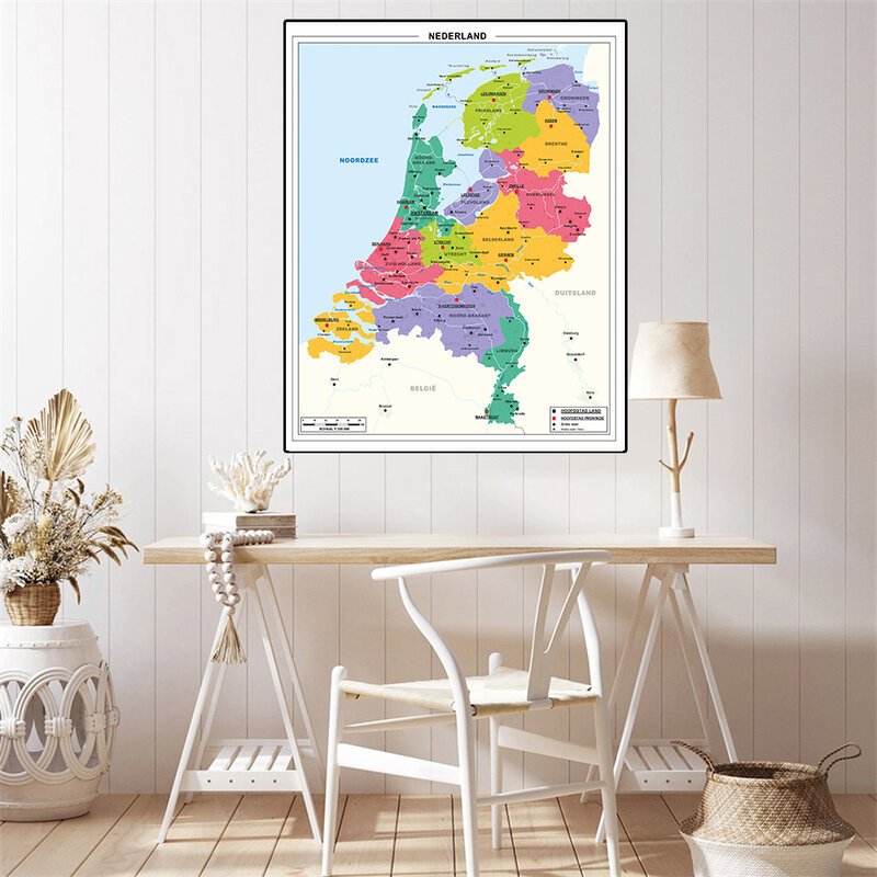 Póster de arte de pared con mapa de los Países Bajos en holandés, lienzo decorativo, pintura, suministros escolares, decoración del hogar para sala de estar, 59x84 cm