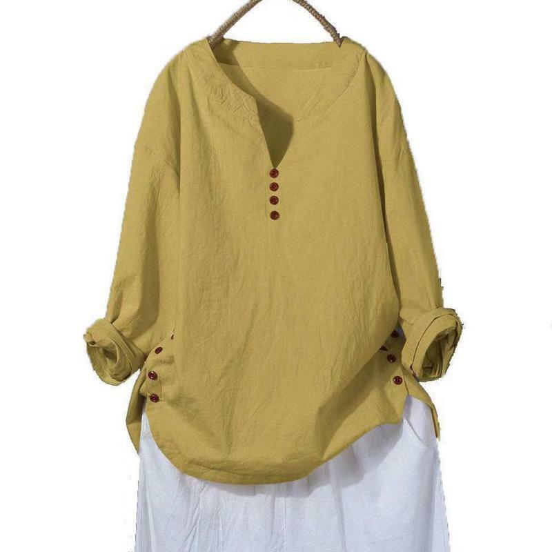 Blusa de manga larga con cuello en V para mujer, camisa informal de Color liso, estilo Retro nacional, arte literario, talla grande, Primavera