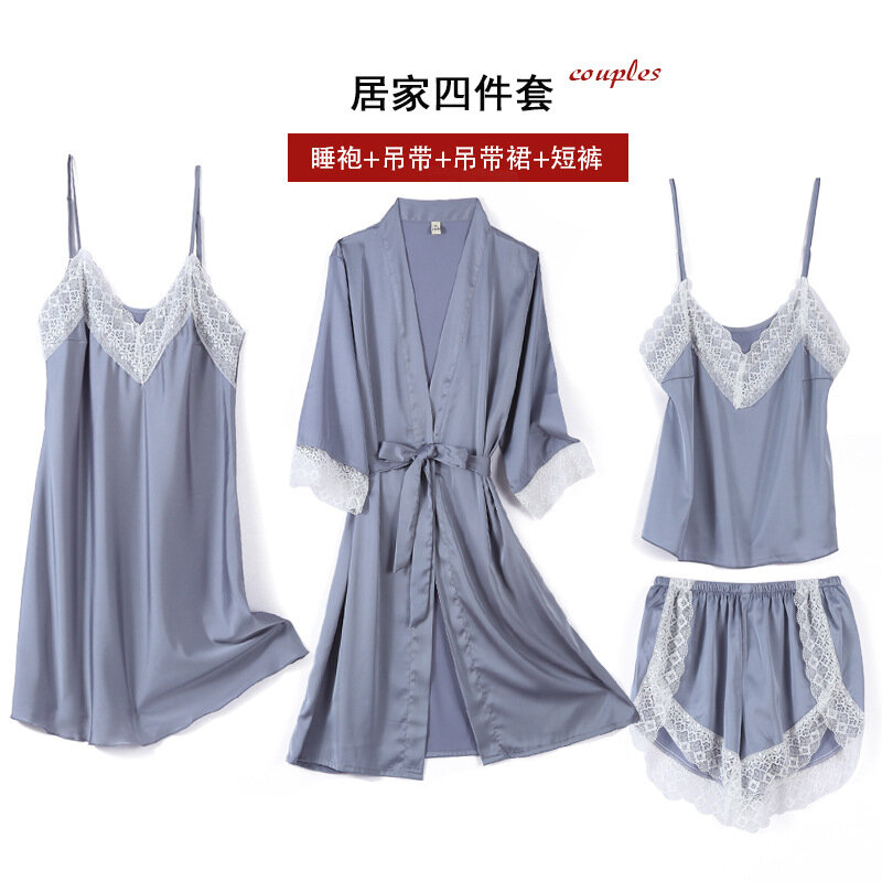 Соблазнительные женские пижамные комплекты, кружевная Пижама с отделкой, пижамы из 4 предметов, Женский комплект для сна, халат из искусственного шелка, женское белье