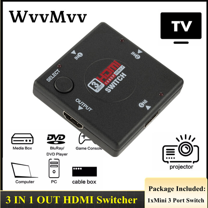 Fêmea para fêmea HDMI Switcher, Mini 3 Port Splitter Box, Seletor para HDTV, 1080P Video Switcher, 3 Entrada 1 Saída