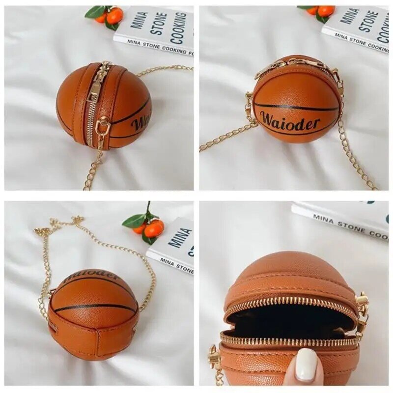 Bolso de hombro para niños, paquete cruzado de cuero, correa de cadena de Metal, bolsillos de baloncesto