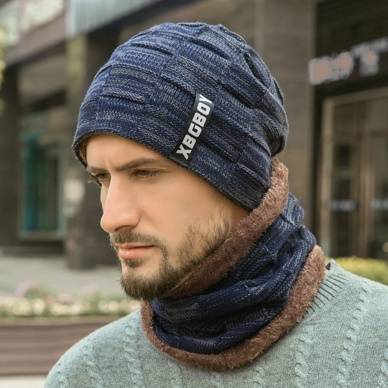 Men's Knitted Hat with Velvet Padded Wool Beanie Hat Neckband Plus Fleece Thick Wool Cap Winter Knitting Cap
