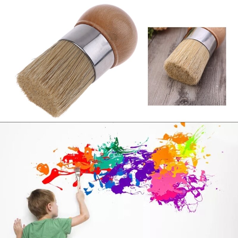 Escova redonda de cera de pintura de giz, ergonômica, cabo de madeira, cerdas naturais, móveis, faça você mesmo, ferramenta de pintura com cera
