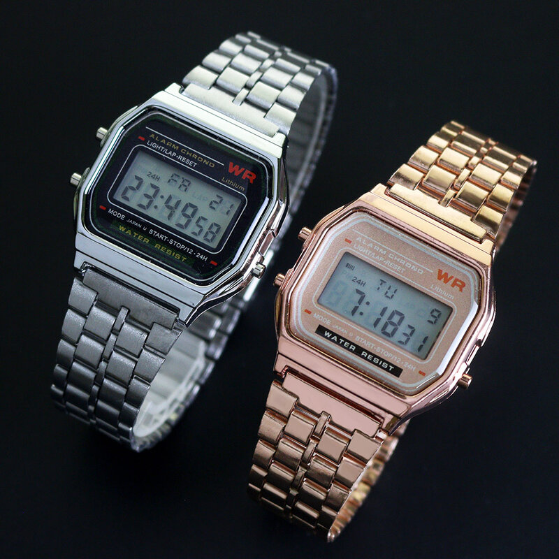 Часы наручные мужские/женские с цифровым дисплеем, электронные в ретро стиле, цвет розового золота/серебристый
