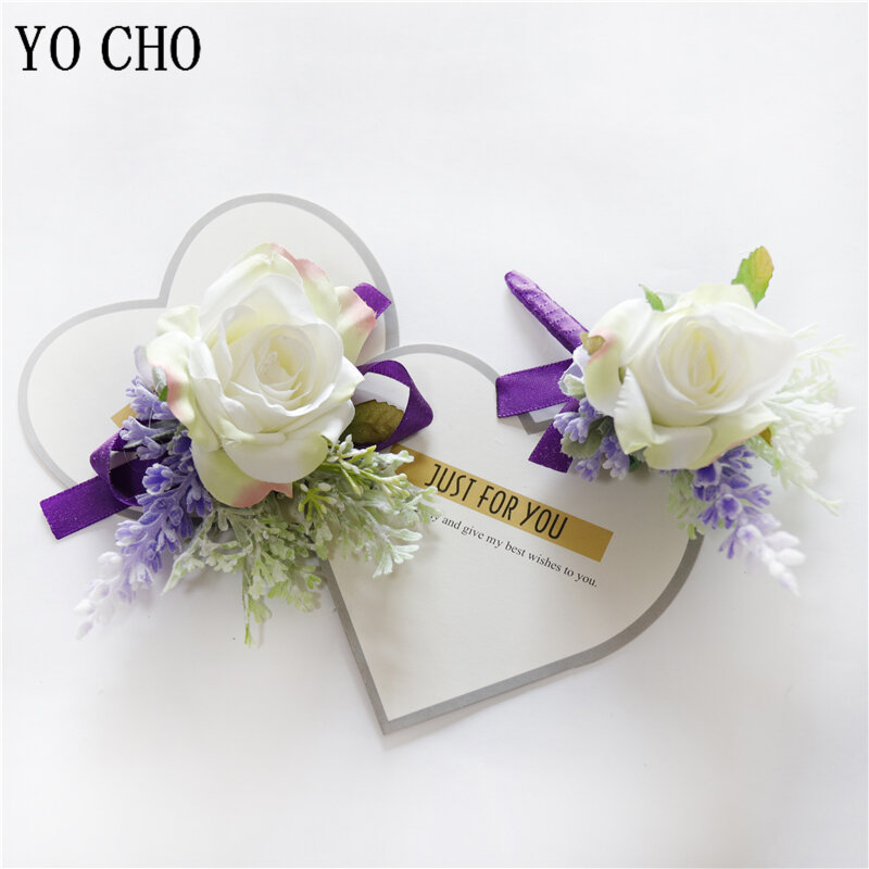 YO CHO свадебная бутоньерка на запястье корсаж браслет подружки невесты мужской корсаж фиолетовые шелковые розы Орхидея брак Выпускной Свадебные принадлежности
