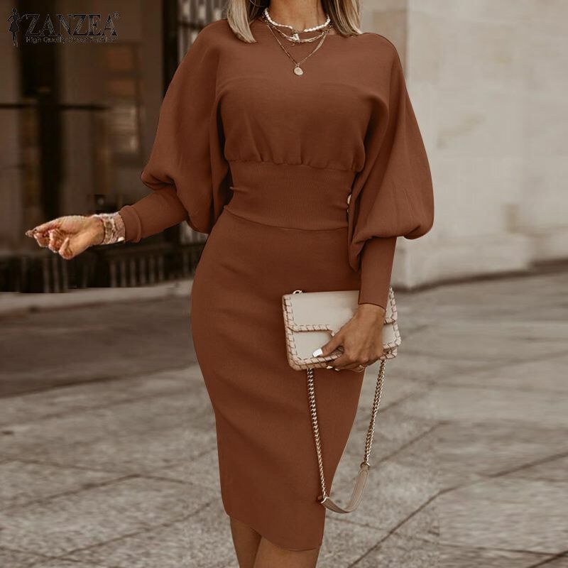 Zanzea-エレガントな秋のロングドレス,タイトフィット,長袖,無地,ミドル丈のイブニングドレス