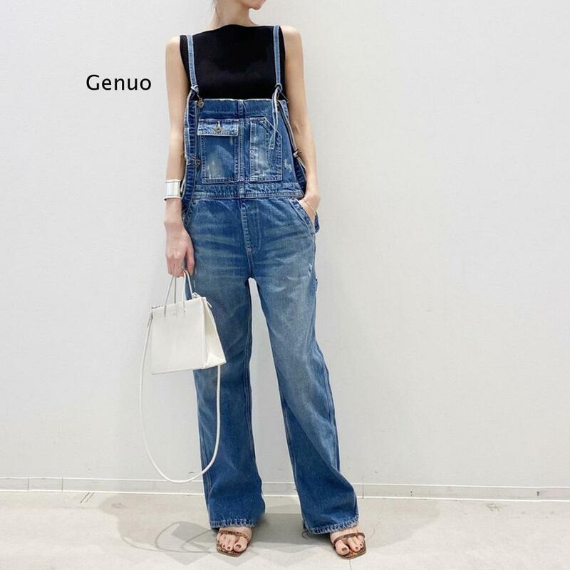 Jean macacão feminino primavera verão nova moda coreana bolsos casual streetwear jeans