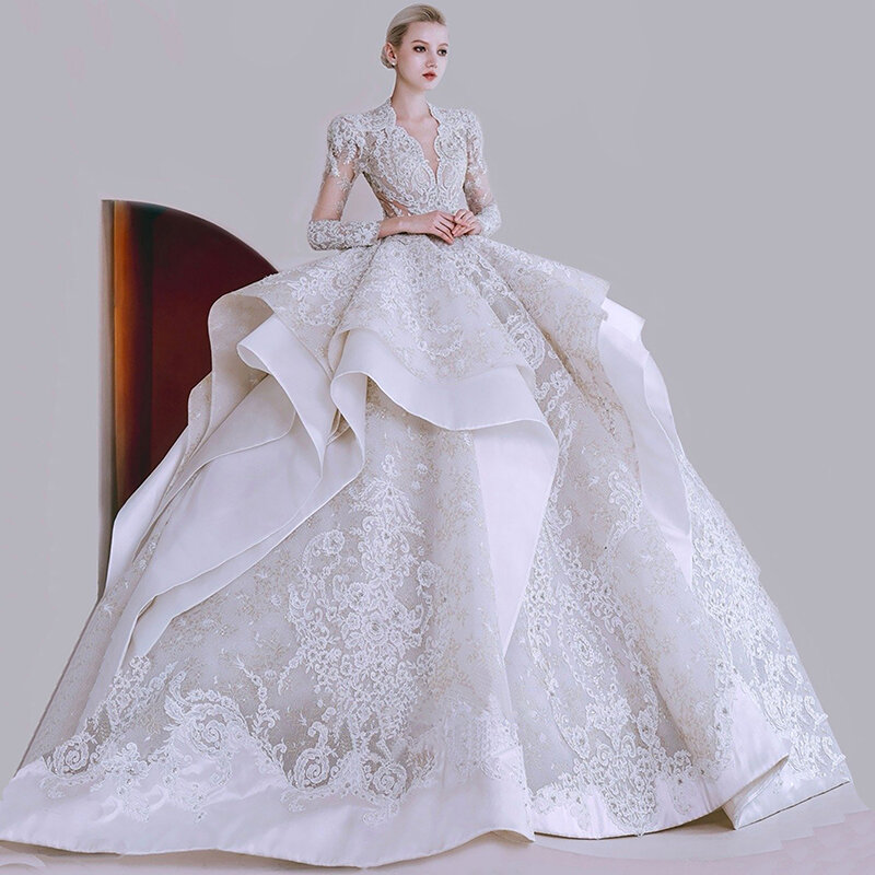 Dubai Saudi Arabien Prinzessin Promi Mutterschaft Kleider Hochzeit Kleid Luxus Lange Hülse Braut Kleid Brautkleider Braut Kleid