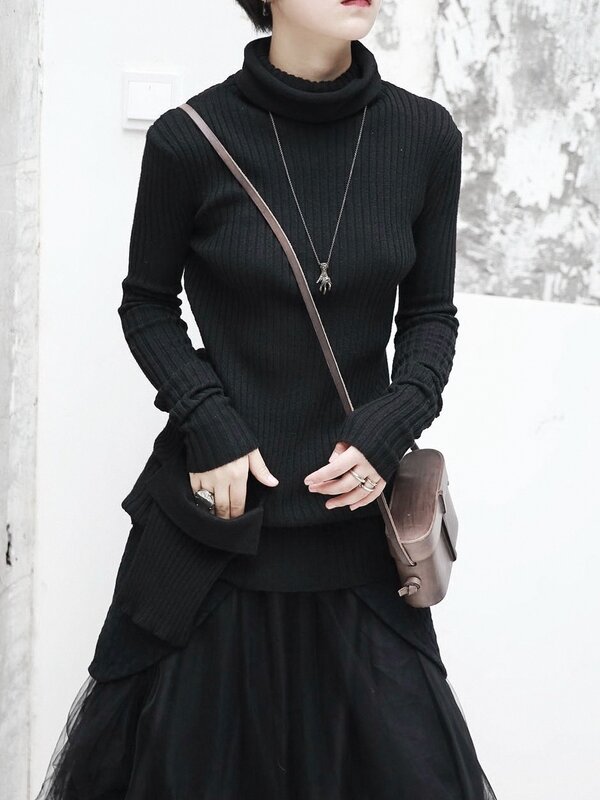 [EAM] 블랙 포켓 스티치 뜨개질 스웨터 느슨한 맞는 터틀넥 긴 소매 여성 풀오버 새로운 패션 조수 봄 2020 JI097