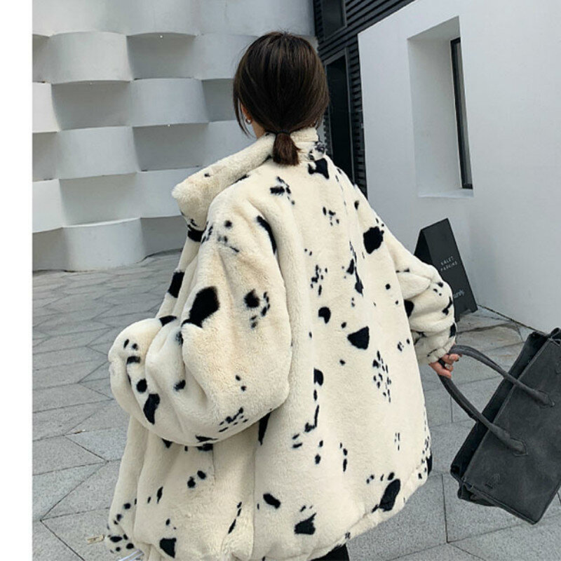 2021新冬コート女性厚く暖かいターンダウン襟プラスサイズフェイクラビットファージッパープリントジャケット