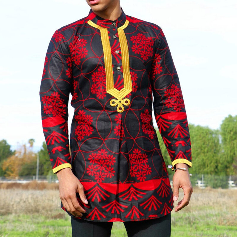 African Muslim Men's Dashiki Long Sleeve fashion Shirt Rich Floral Print Moslem Mens Top Casual T-shirt Tradition Chilaba Man