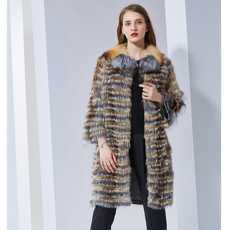 Abrigo de piel de zorro plateado para mujer, abrigos largos de piel de zorro Real de color natural, chaquetas de piel de zorro rojo