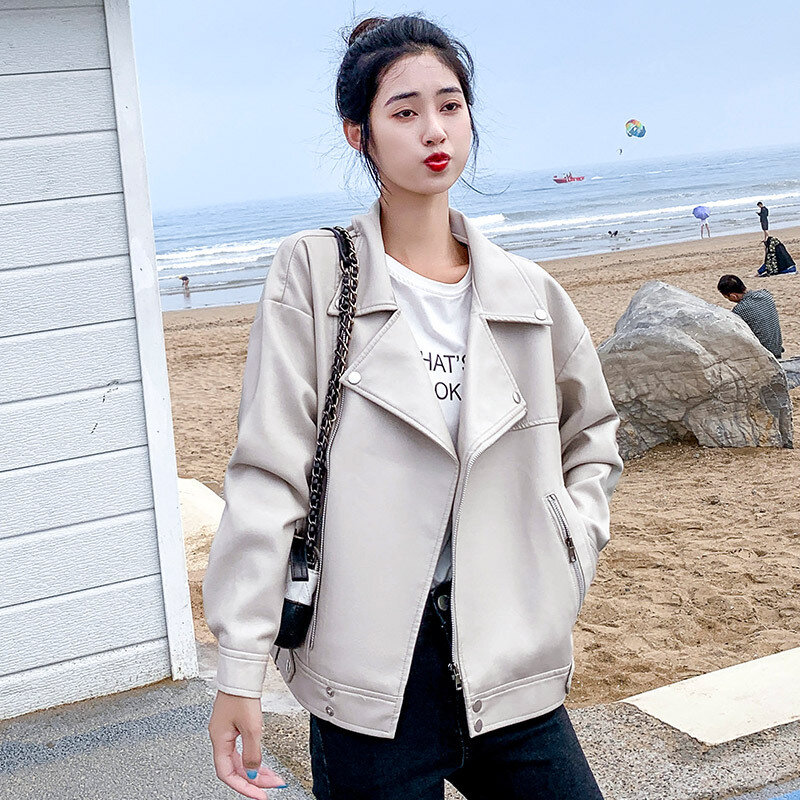 CGC 2021 moda Streetwear zimowa skórzana kurtka kobiety jednolite, luźne kurtki motocyklowe miękkie PU płaszcz skórzany damska odzież wierzchnia
