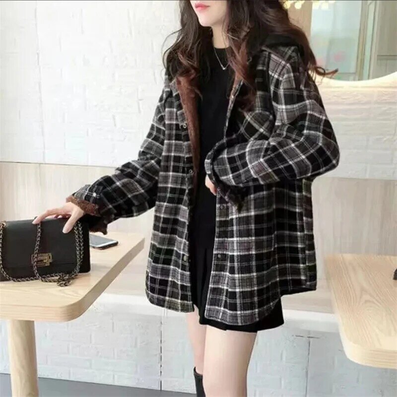 Jaqueta feminina outono inverno all-match 2022 novo estilo coreano meados de comprimento com capuz velo espessamento xadrez camisa casaco m253