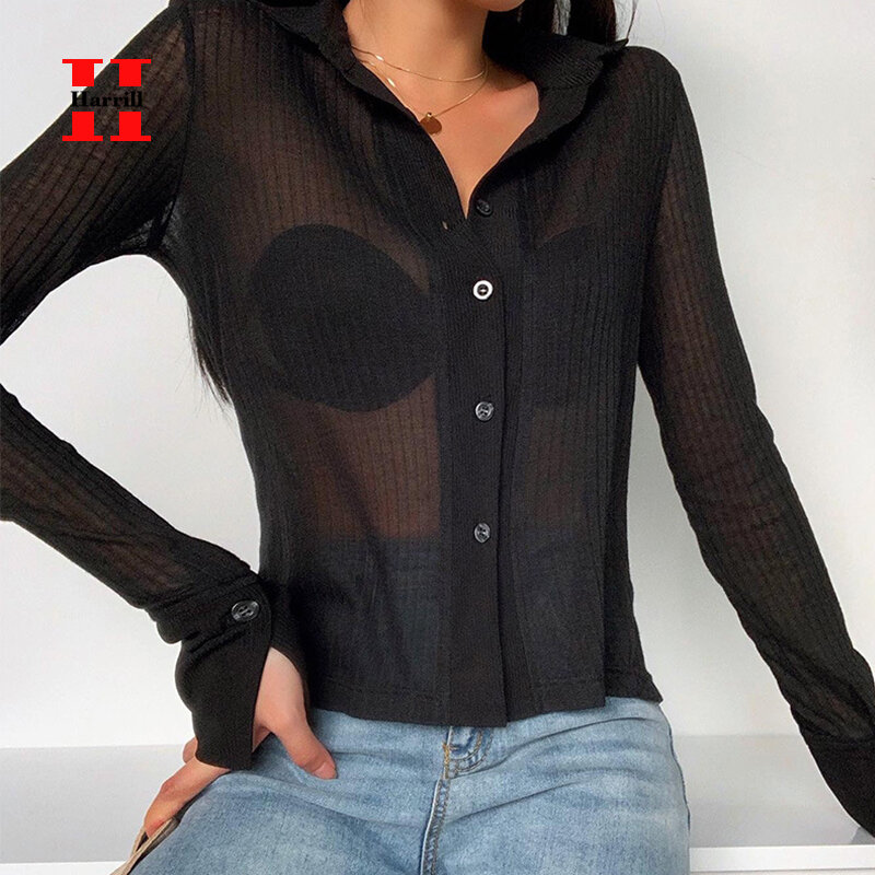 섹시한 원근법 셔츠 여성 탑스 싱글 브레스트 턴 다운 칼라 긴팔 셔츠 핏 스트라이프 bottoming T Shirts Thin Top