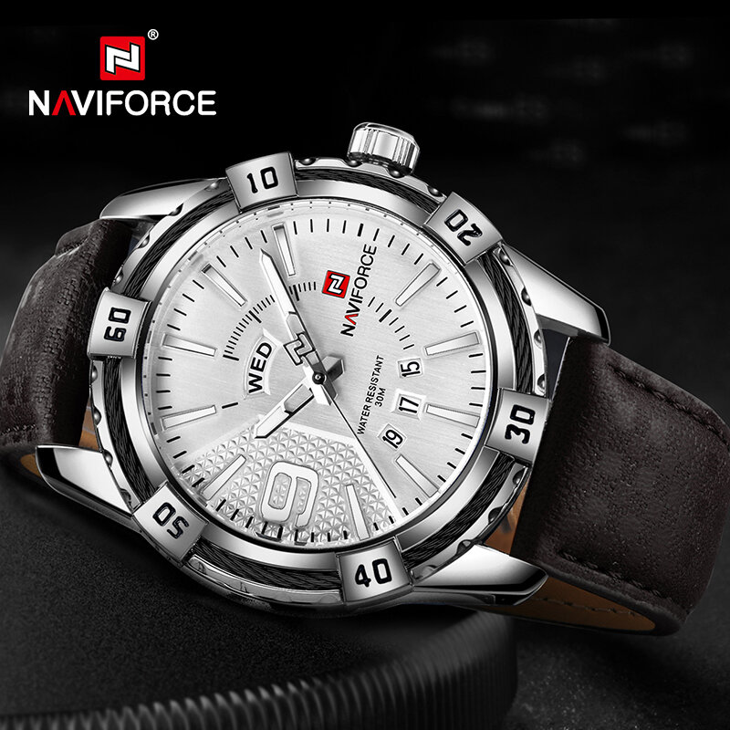 NAVIFORCE Luxury Brand zegarki dla mężczyzn wojskowe sportowe świecące dzień i wyświetlanie daty skórzane wodoodporne męskie zegarki kwarcowe