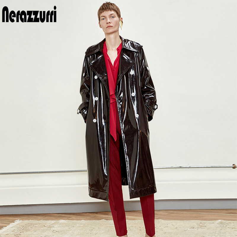 Nerazzurri Длинный непромокаемый черный лакированный кожаный плащ для женщин 2020 двубортный переливчатый кожаный тренч женский 4xl 5xl 6xl 7xl пальто женское оверсайз весна с рукавом реглан с длинным рукавом мода 2020